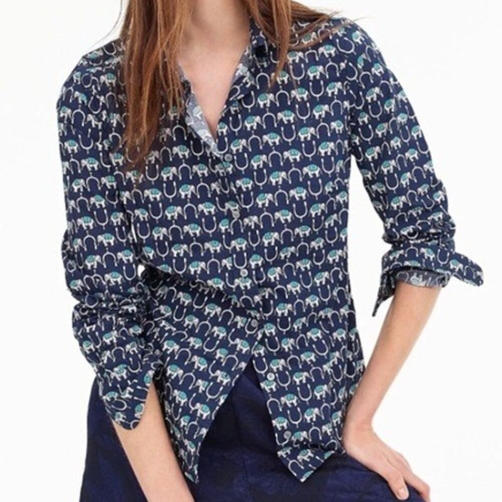 J. Crew Long Sleeve Perfect Fit Novelty Print Elephants Shirt 00 Navy Blue White
